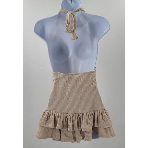 Shein Allurite Deep Vneck Halter Ruffle hem mini dress beige Size Small Festival - Picture 4 of 8